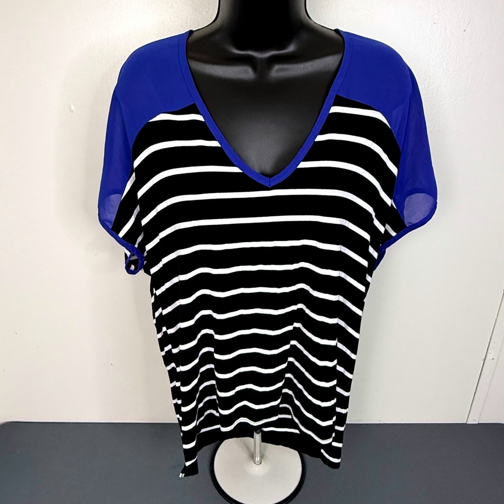 Umgee Top Womens Medium Blue Black White Striped Colorblock V-Neck Sheer A8823